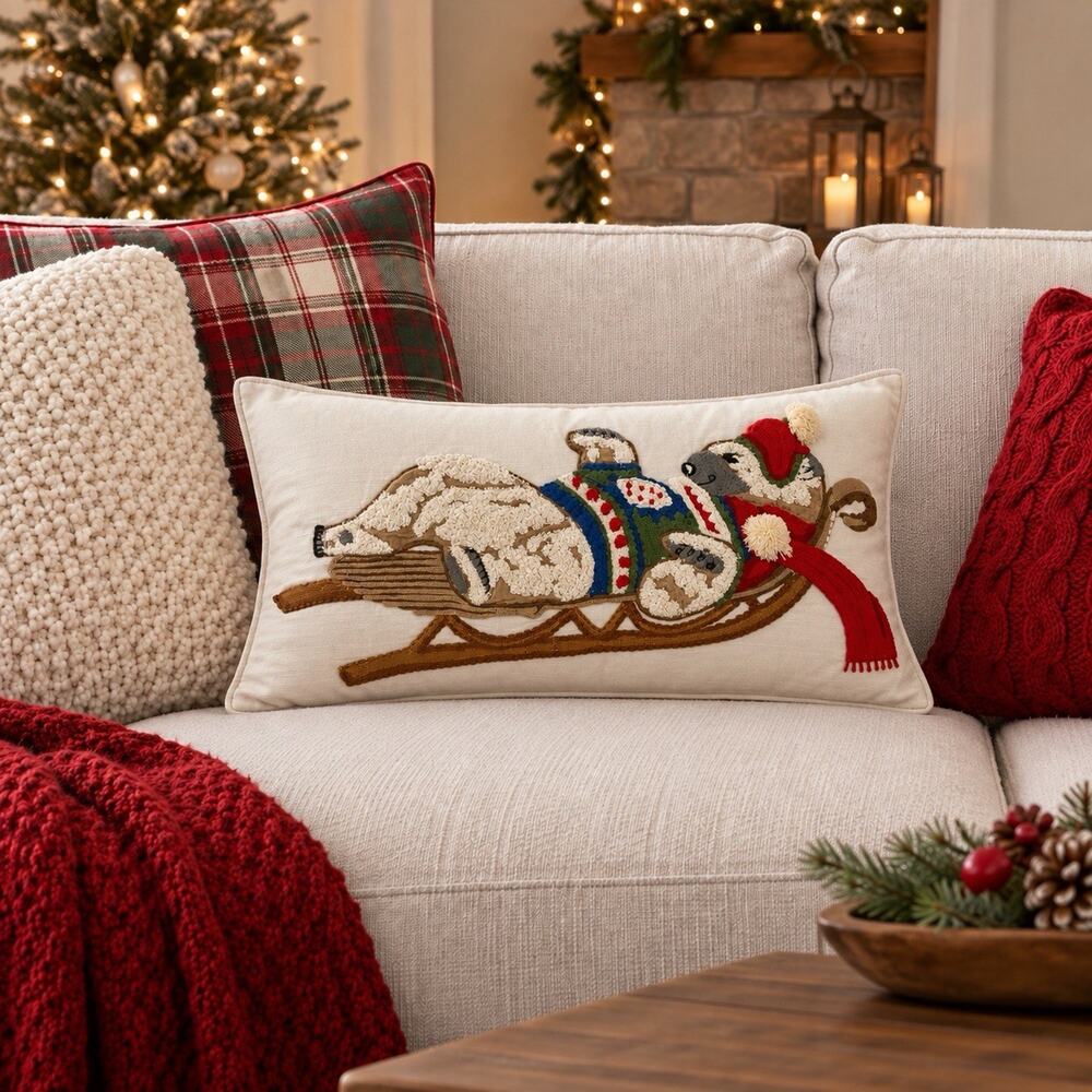Pottery Barn Polar Bear Sled Lumbar Pillow Cover 16x26 Christmas Holiday NWT